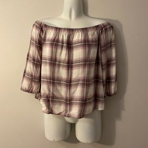 Garage plaid off the shoulder top
